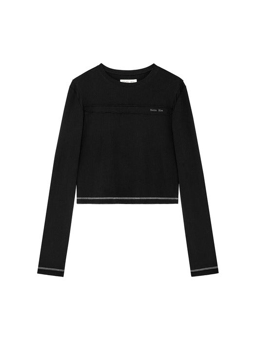 CUT LINE DETAIL LONG SLEEVE LOGO TOP IN BLACK