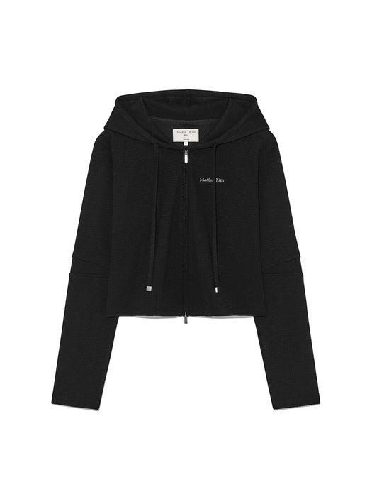 SLEEVE SLIT POINT HOODY ZIP UP IN BLACK