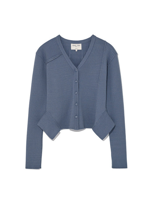 UNBALANCE CUT LINE BUTTON CARDIGAN IN SMOKE BLUE