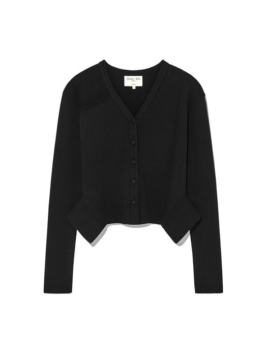 UNBALANCE CUT LINE BUTTON CARDIGAN IN BLACK