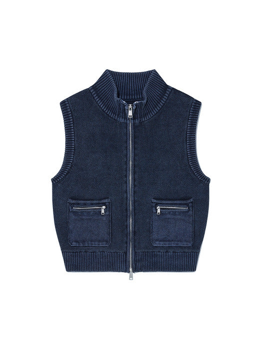 LOGO POINT WASHED KNIT VEST FOR WOMEN IN NAVY