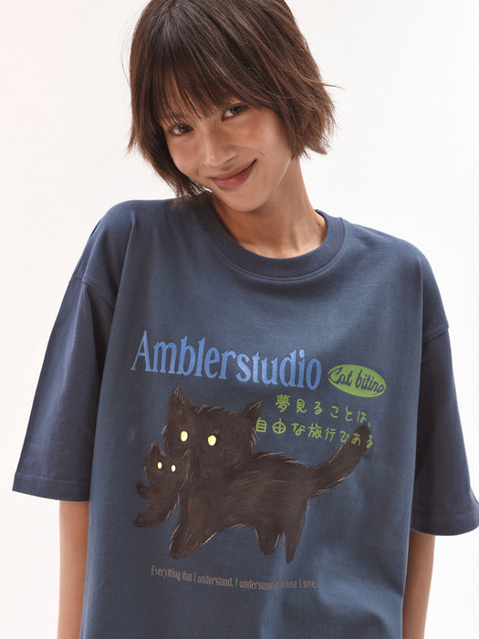 [ambler] Cat biting T-Shirts AS1206 (Navy)