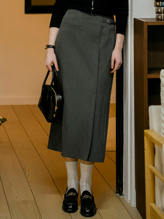 [TILLIDIE] Modern line slit buckle skirt_Gray