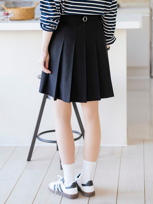 [TILLIDIE] Back buckle detail pleated A-line skirt_Navy