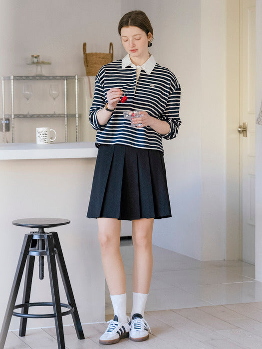 [TILLIDIE] Back buckle detail pleated A-line skirt_Navy