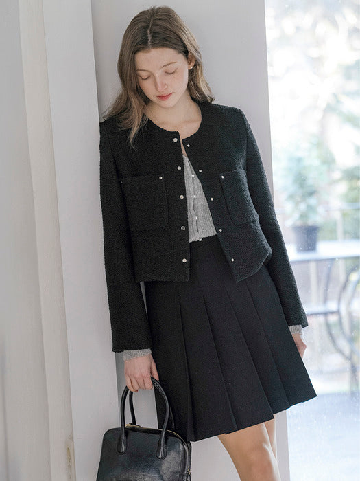 [TILLIDIE] Back buckle detail pleated A-line skirt_Navy