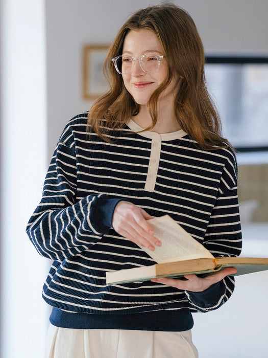 [TILLIDIE] Henry neck stripe ribbed t-shirt_Navy