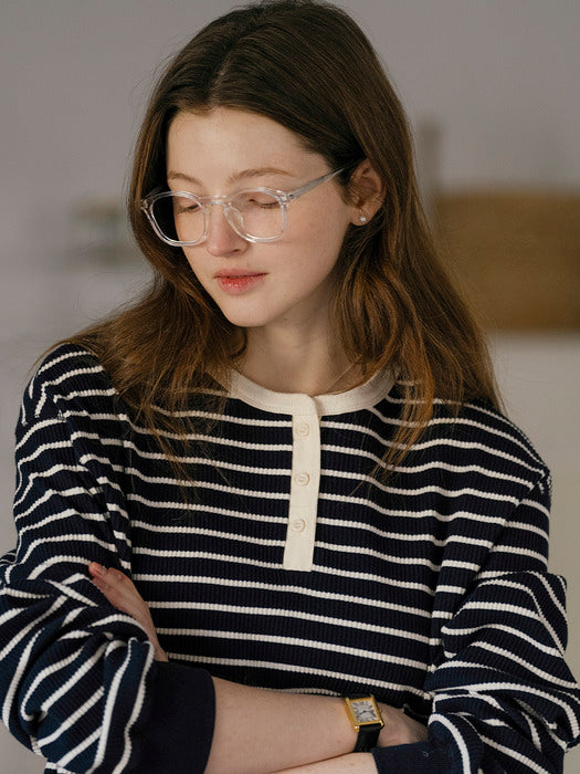 [TILLIDIE] Henry neck stripe ribbed t-shirt_Navy