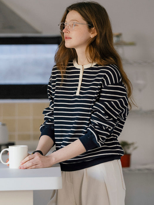 [TILLIDIE] Henry neck stripe ribbed t-shirt_Navy