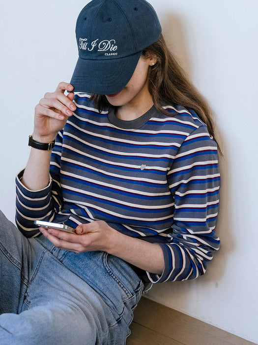 [TILLIDIE] Mix stripe heart logo t-shirt_Blue