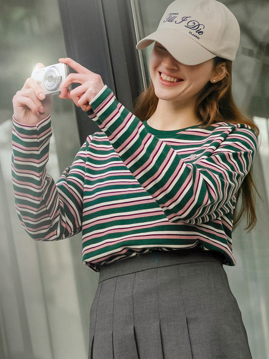 [TILLIDIE] Mix stripe heart logo t-shirt_Green