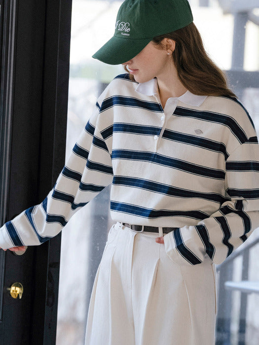 [TILLIDIE] Cotton stripe base collar polo t-shirt_Ivory