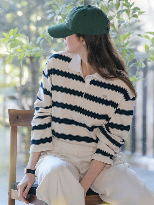 [TILLIDIE] Cotton stripe base collar polo t-shirt_Ivory
