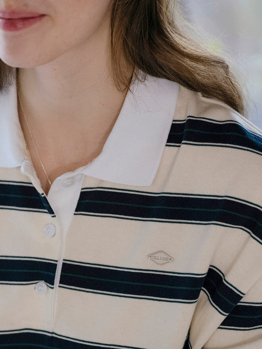 [TILLIDIE] Cotton stripe base collar polo t-shirt_Ivory