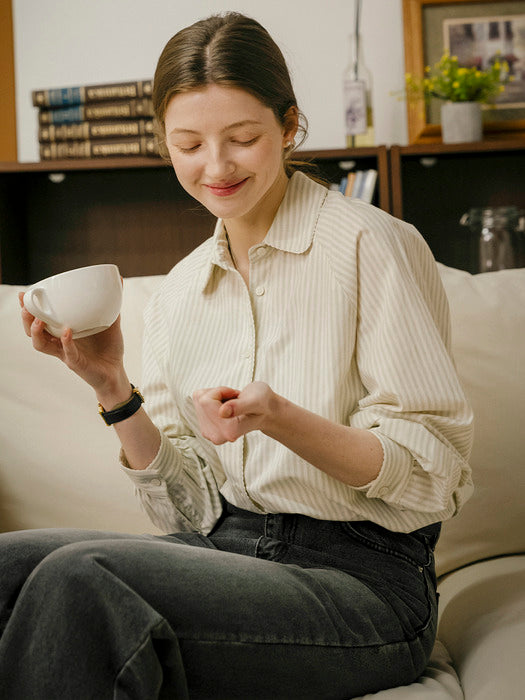 [TILLIDIE] Natural washing regular fit stripe blouse_Olive