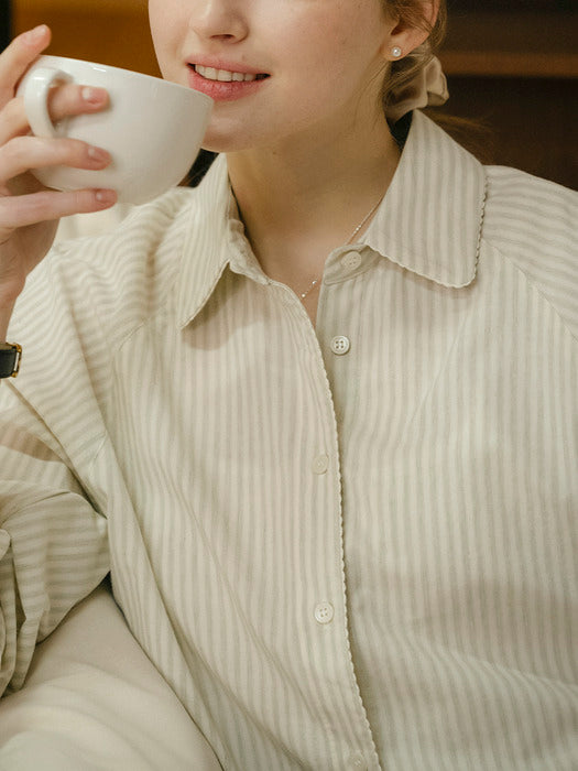 [TILLIDIE] Natural washing regular fit stripe blouse_Olive