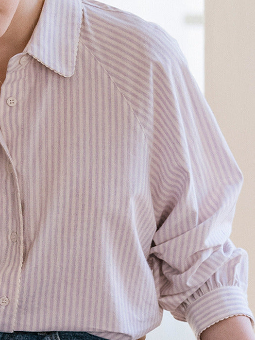 [TILLIDIE] Natural washing regular fit stripe blouse_Lilac