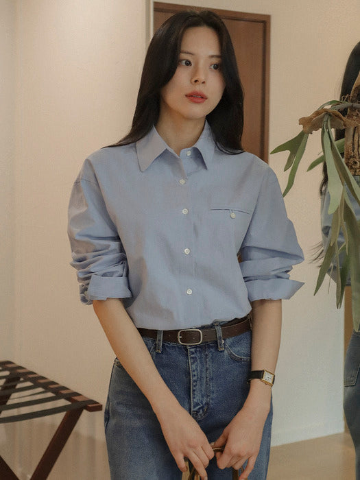 [TILLIDIE] Overfit hidden pocket cotton shirt_Sky Blue