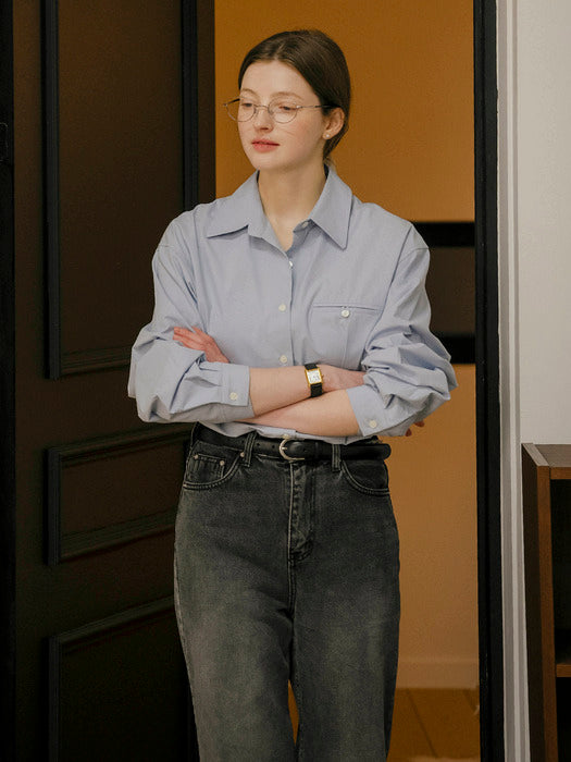 [TILLIDIE] Overfit hidden pocket cotton shirt_Sky Blue