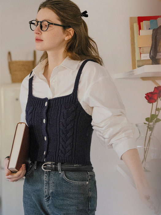 Textured point wool blended bustier_Navy