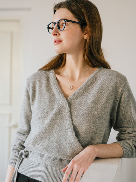 [TILLIDIE] Scallop detail wrap wool blended cardigan_Light Gray