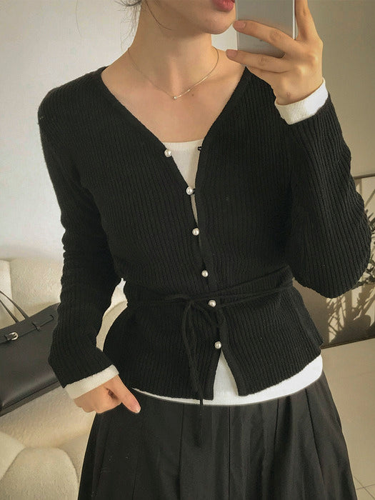 [TILLIDIE] V-Rib merino blended cardigan_Black