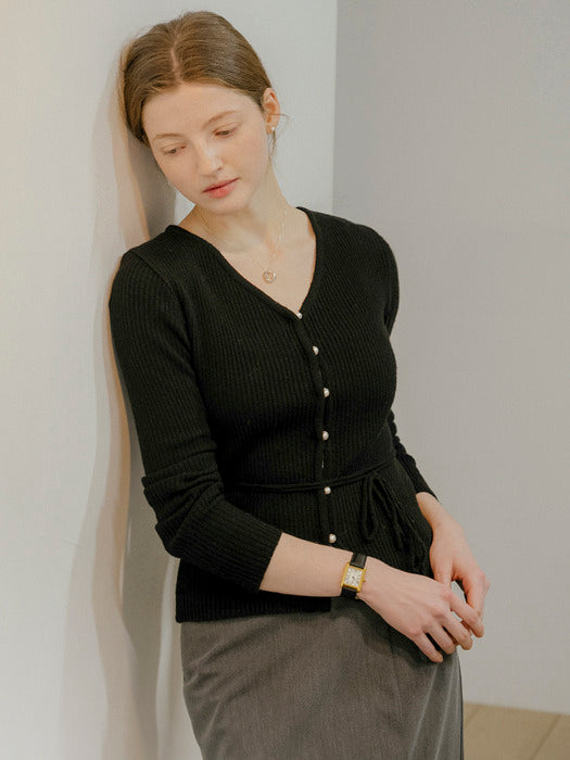 [TILLIDIE] V-Rib merino blended cardigan_Black