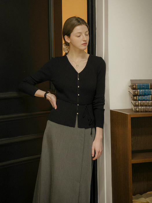 [TILLIDIE] V-Rib merino blended cardigan_Black