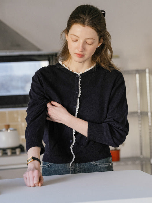 [TILLIDIE] Lace point wool blended cardigan_Navy