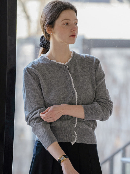 [TILLIDIE] Lace point wool blended cardigan_Gray