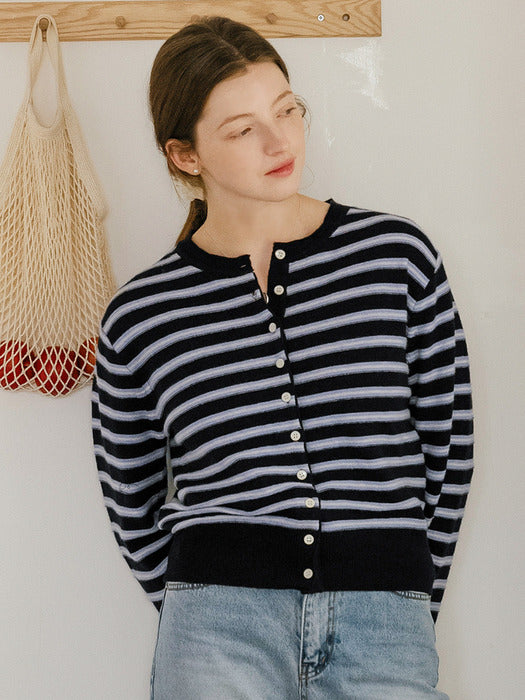 [TILLIDIE] Hailey wool blended stripe cardigan_Dark Navy