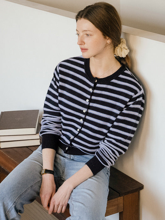 [TILLIDIE] Hailey wool blended stripe cardigan_Dark Navy