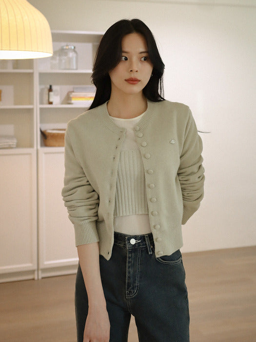 [TILLIDIE] Covered button fine wool blended cardigan_Silver Green