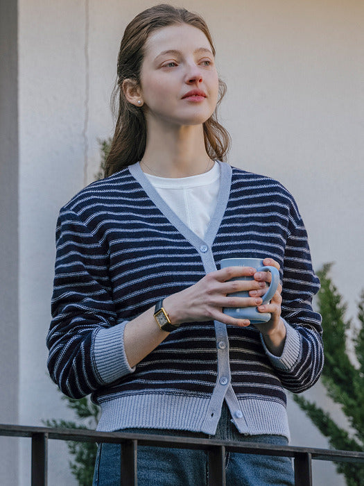 [TILLIDIE] Line color stripe wool blended cardigan_Sky Blue