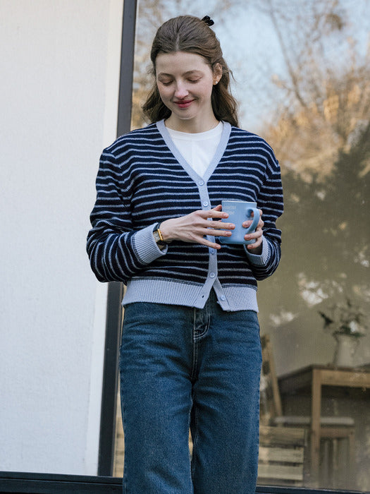 [TILLIDIE] Line color stripe wool blended cardigan_Sky Blue