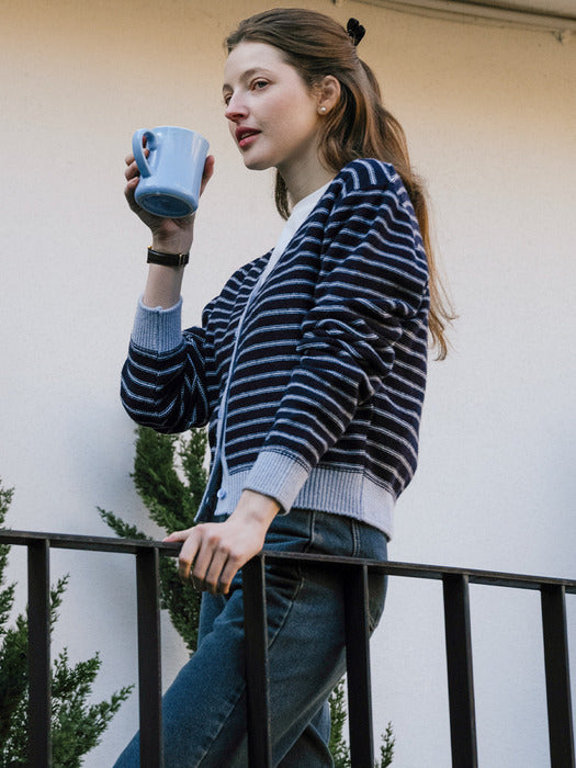 [TILLIDIE] Line color stripe wool blended cardigan_Sky Blue