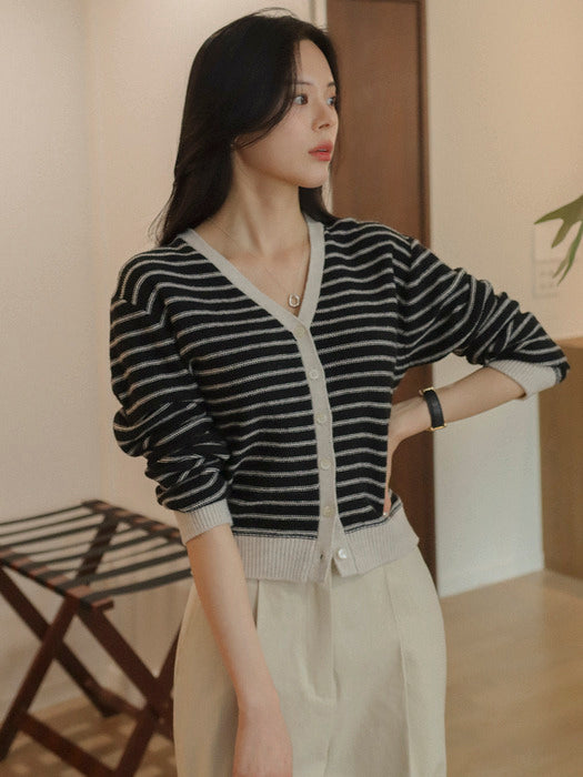 [TILLIDIE] Line color stripe wool blended cardigan_Oatmeal