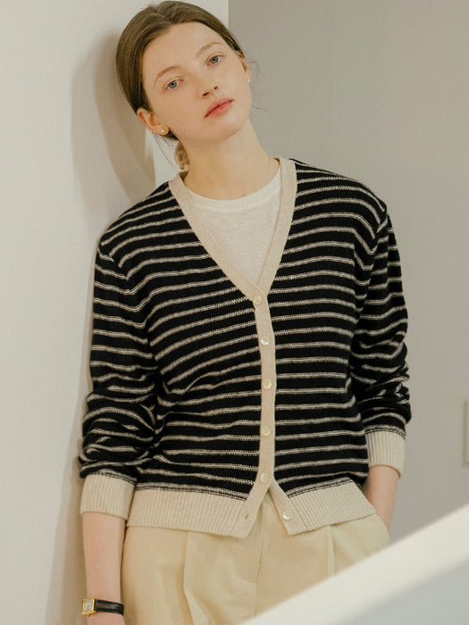 [TILLIDIE] Line color stripe wool blended cardigan_Oatmeal