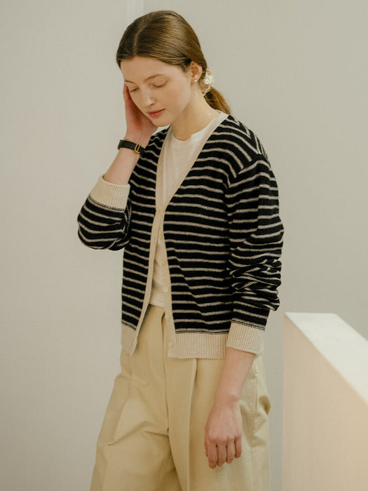 [TILLIDIE] Line color stripe wool blended cardigan_Oatmeal