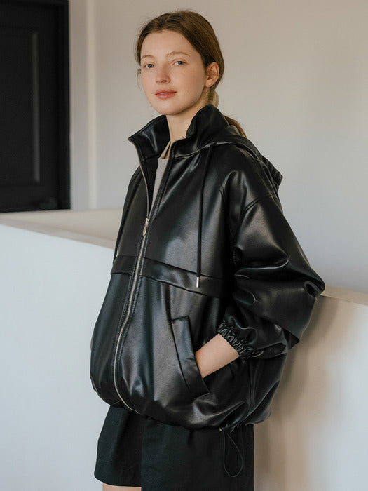 [TILLIDIE] Faux leather casual hooded jumper_Black