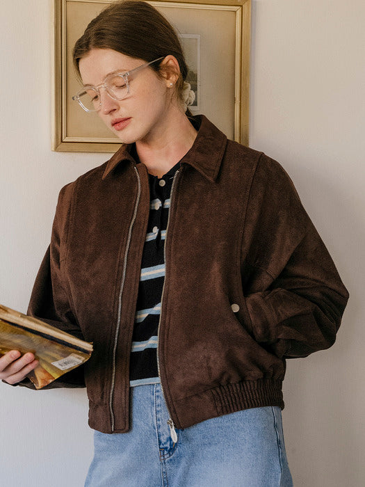 [TILLIDIE] Soft touch suede western blouson jumper_Brown