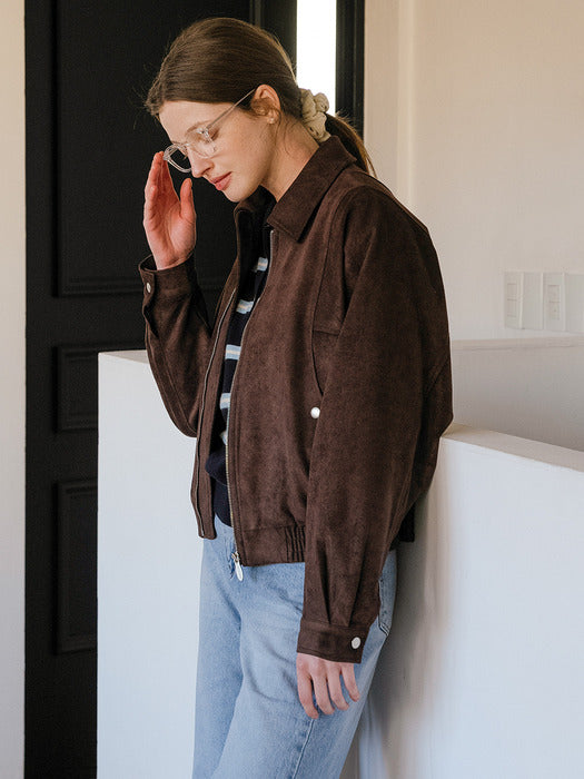 [TILLIDIE] Soft touch suede western blouson jumper_Brown