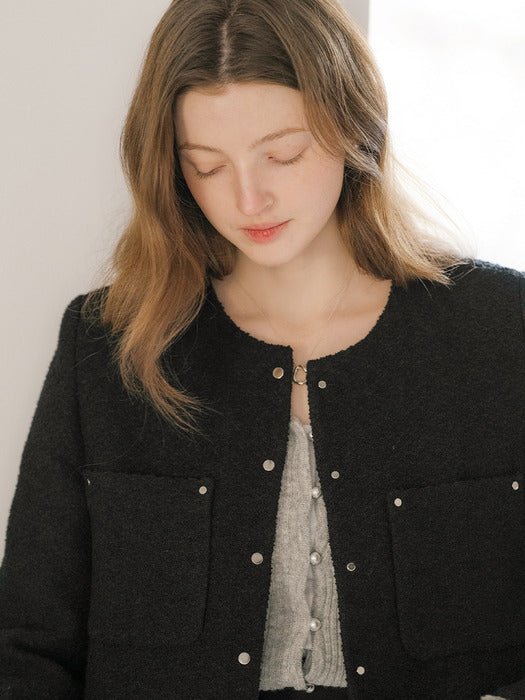 [TILLIDIE] Rivet button point tweed jacket_Black