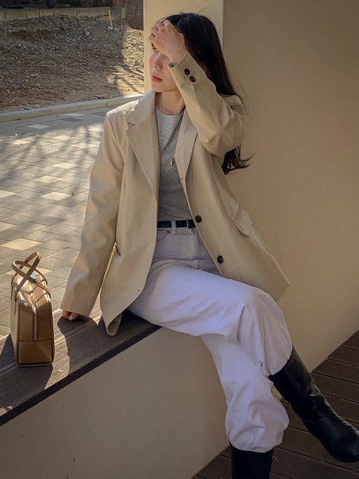 [TILLIDIE] Faux leather classic three button single jacket_Cream