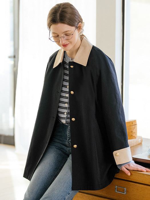 [TILLIDIE] Contrast coloring half mac trench coat_Navy