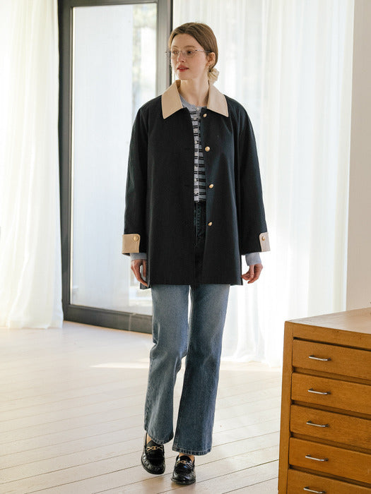 [TILLIDIE] Contrast coloring half mac trench coat_Navy