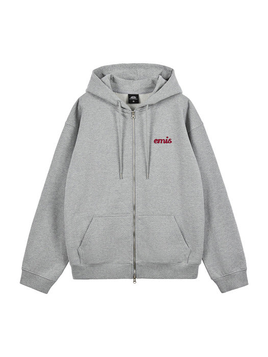 [emis] (UNISEX)APPLIQUE HOOD ZIP-UP-MELANGE GRAY