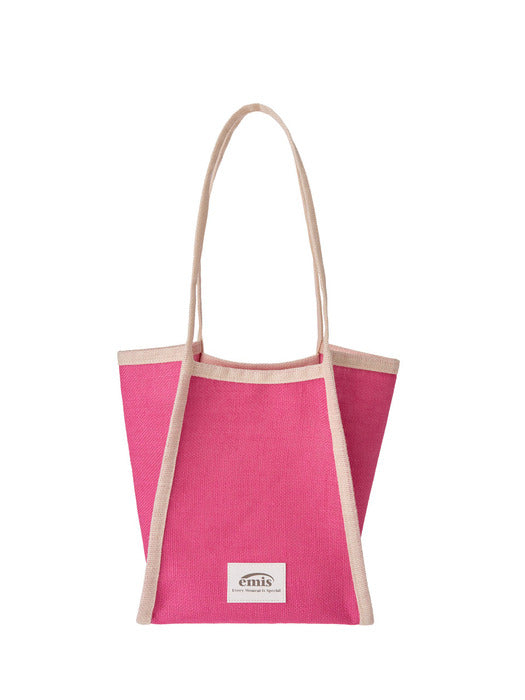 [emis] LINEN BEACH BAG-PINK/IVORY