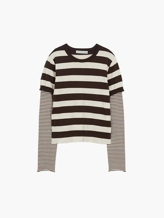 STRIPE LAYERED KNIT TOP_brown/ivory