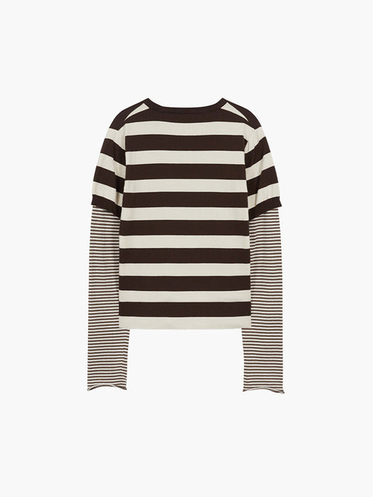 STRIPE LAYERED KNIT TOP_brown/ivory